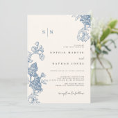 Elegant Blue Floral Lace Ivory Wedding Einladung (Stehend Vorderseite)