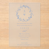 Elegant Blue Floral Laurel Wreath Monogram Wedding Acryleinladungen (Vorderseite)