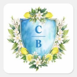 Elegant Blue Floral Lemon Wappen Monogram Wedding Quadratischer Aufkleber
