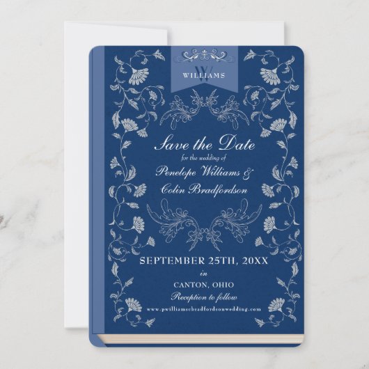 Elegant Blue Floral Library Wedding Save the Date Einladung (Vorderseite)