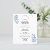 Elegant Blue Floral Modern Script Wedding Menu  (Stehend Vorderseite)