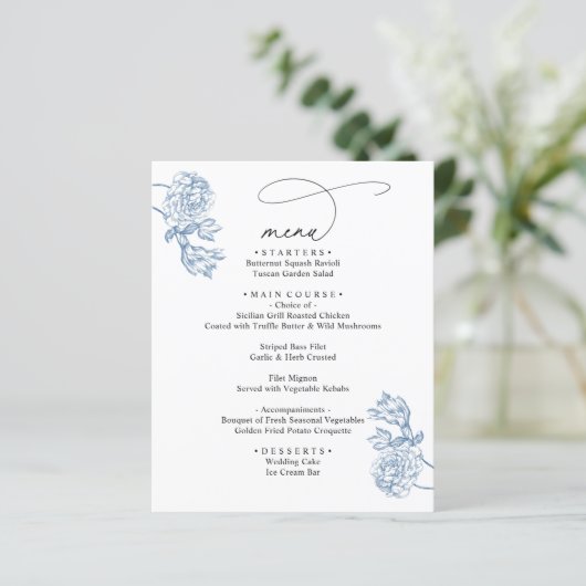 Elegant Blue Floral Modern Script Wedding Menu (Stehend Vorderseite)