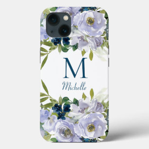 Elegant Blue Floral Monogram Name Case-Mate iPhone Hülle
