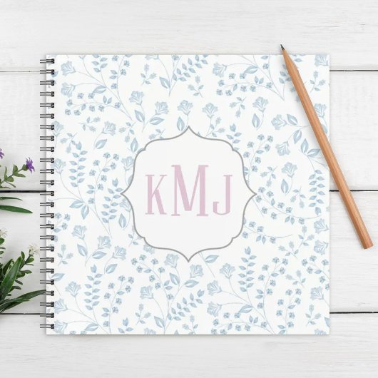Elegant Blue Floral Monogram Notizblock