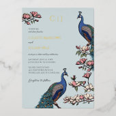 Elegant Blue Floral Peacock Wedding Folieneinladung (Vorderseite)