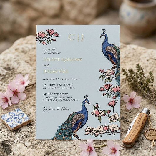 Elegant Blue Floral Peacock Wedding Folieneinladung