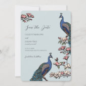Elegant Blue Floral Peacock Wedding Save The Date (Vorderseite)