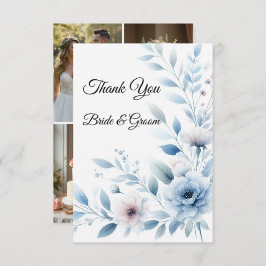 Elegant Blue Floral Photo Thank you Card Dankeskarte (Vorne/Hinten)