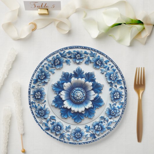 Elegant Blue Floral Pottery Inspiriert Pappteller (Hochzeit)