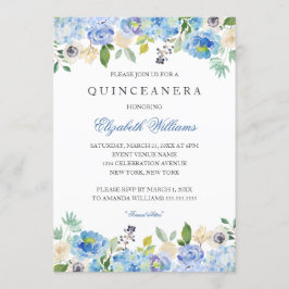Elegant Blue Floral Quinceanera Einladung