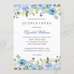 Elegant Blue Floral Quinceanera Einladung
