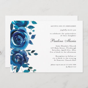 Elegant Blue Floral Quinceñera Einladung