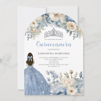 Elegant Blue Floral Quinceñera Einladung