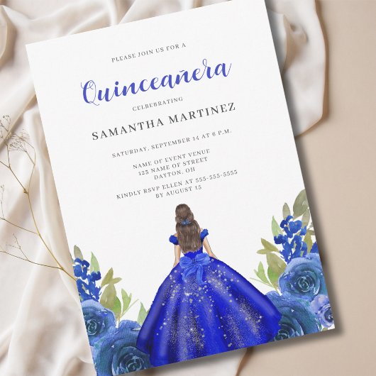 Elegant Blue Floral Quinceñera Einladung