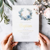 Elegant Blue Floral Religious Boy Baptism Gold Folieneinladung