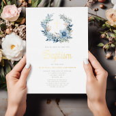 Elegant Blue Floral Religious Boy Baptism Gold Folieneinladung