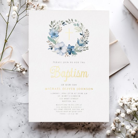 Elegant Blue Floral Religious Boy Baptisse Folieneinladung
