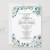 Elegant Blue Floral Religious Cross Baptism Einladung (Vorderseite)