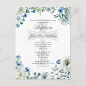 Elegant Blue Floral Religious Cross Baptism Postkarte (Vorderseite)