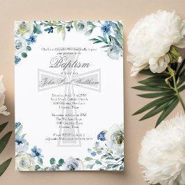Elegant Blue Floral Religious Cross Baptism Postkarte
