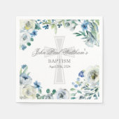 Elegant Blue Floral Religious Cross Baptism Serviette (Vorderseite)