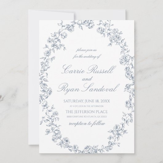 Elegant Blue Floral Roses Fine Line Art Wedding Einladung (Vorderseite)