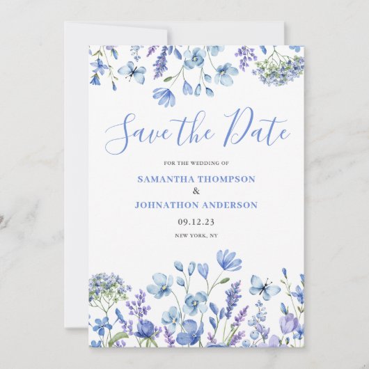 Elegant Blue Floral Save The Date (Vorderseite)