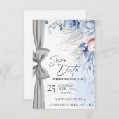 Elegant Blue Floral Save The Date Card with Silver Begleitkarte (Vorne/Hinten)