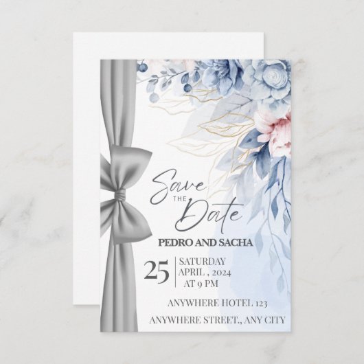 Elegant Blue Floral Save The Date Card with Silver Begleitkarte (Vorne/Hinten)