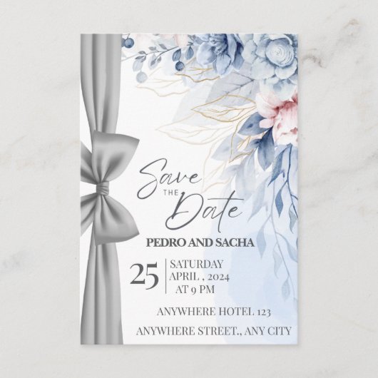 Elegant Blue Floral Save The Date Card with Silver Begleitkarte (Vorderseite)