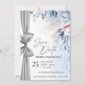 Elegant Blue Floral Save The Date Card with Silver Dankeskarte (Vorderseite)
