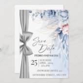 Elegant Blue Floral Save The Date Card with Silver Dankeskarte (Vorne/Hinten)