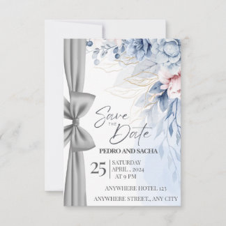 Elegant Blue Floral Save The Date Card with Silver Dankeskarte