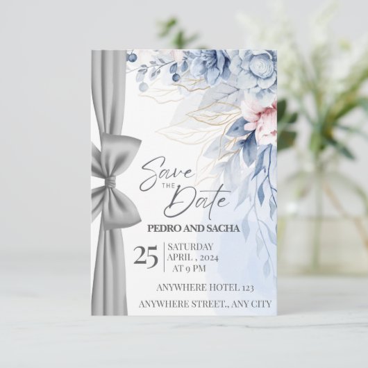 Elegant Blue Floral Save The Date Card with Silver Dankeskarte (Stehend Vorderseite)