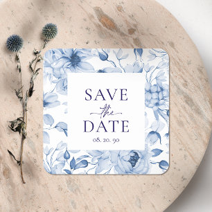 Elegant Blue Floral "Save the Date" Hochzeit Quadratischer Aufkleber