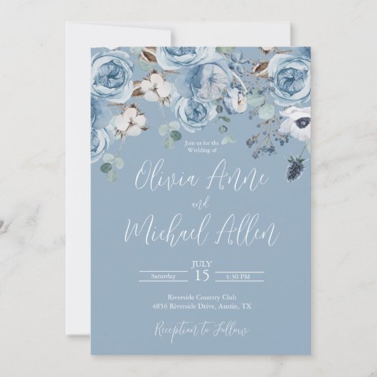 Elegant Blue Floral Script Einladung zur Hochzeit (Vorderseite)