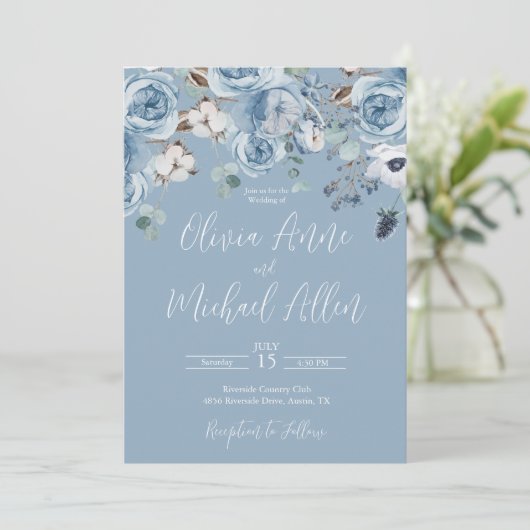 Elegant Blue Floral Script Einladung zur Hochzeit (Stehend Vorderseite)