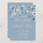 Elegant Blue Floral Script Einladung zur Hochzeit (Vorne/Hinten)