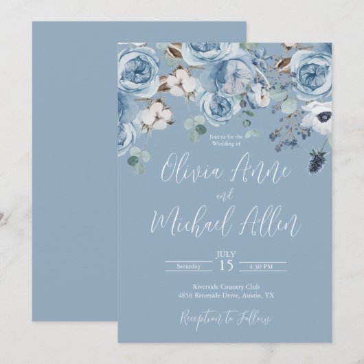 Elegant Blue Floral Script Einladung zur Hochzeit (Vorne/Hinten)
