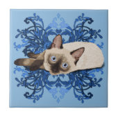 Elegant Blue Floral Siamese Katze Hübsch Feline Fliese (Vorderseite)