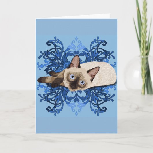 Elegant Blue Floral Siamese Katze Hübsch Feline Karte (Vorderseite)