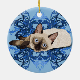 Elegant Blue Floral Siamese Katze Hübsch Feline Keramikornament