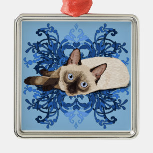 Elegant Blue Floral Siamese Katze Hübsch Feline Ornament Aus Metall