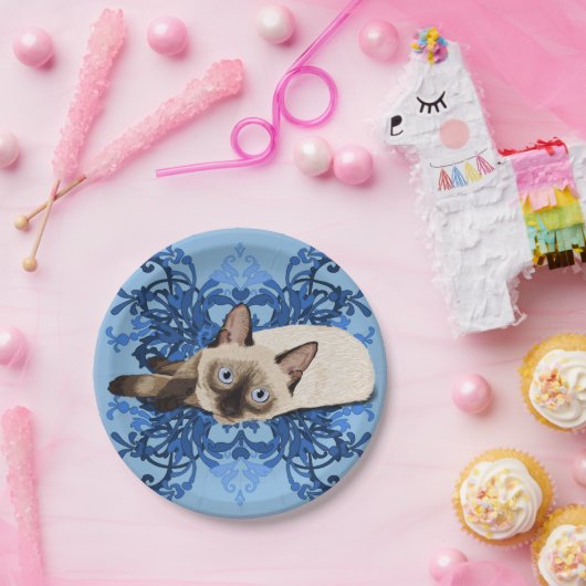 Elegant Blue Floral Siamese Katze Hübsch Feline Pappteller (Party)