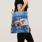 Elegant Blue Floral Siamese Katze Hübsch Feline Tasche (Von Nahem)