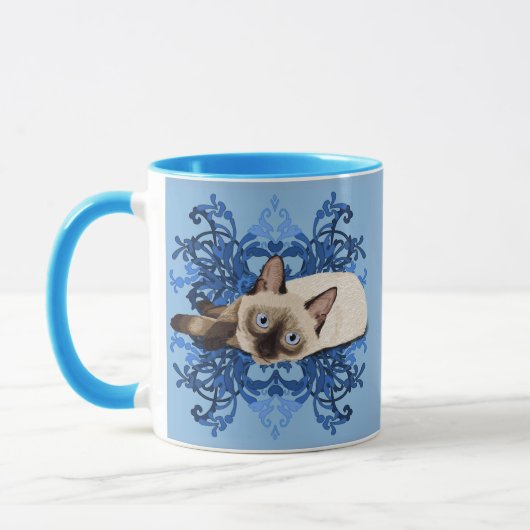 Elegant Blue Floral Siamese Katze Hübsch Feline Tasse (Links)