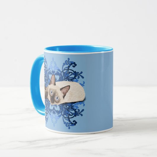 Elegant Blue Floral Siamese Katze Hübsch Feline Tasse (Vorderseite Links)