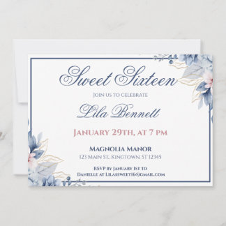 Elegant Blue Floral Sweet 16 Invitation Einladung
