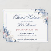 Elegant Blue Floral Sweet 16 Invitation Einladung (Vorne/Hinten)