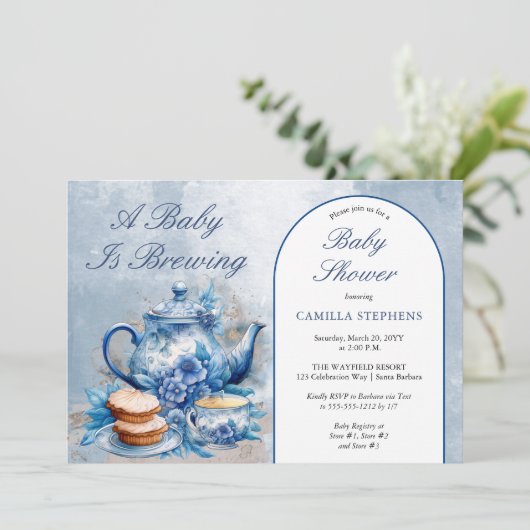 Elegant Blue Floral Tea Set Babydusche Tee Einladung (Stehend Vorderseite)